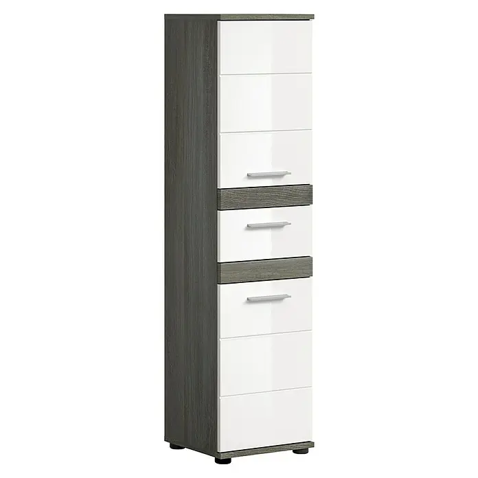 xonox.home Blake Hochschrank Blake - B x T x H: 35 x 31 x 137 cm, Weiß/Rauchsilber - Diese Aufnahme zeigt einen schmalen, hochmodernen weißen Schrank mit grauen Akzenten. Die perfekte Stauraumlösung für moderne Wohnräume.