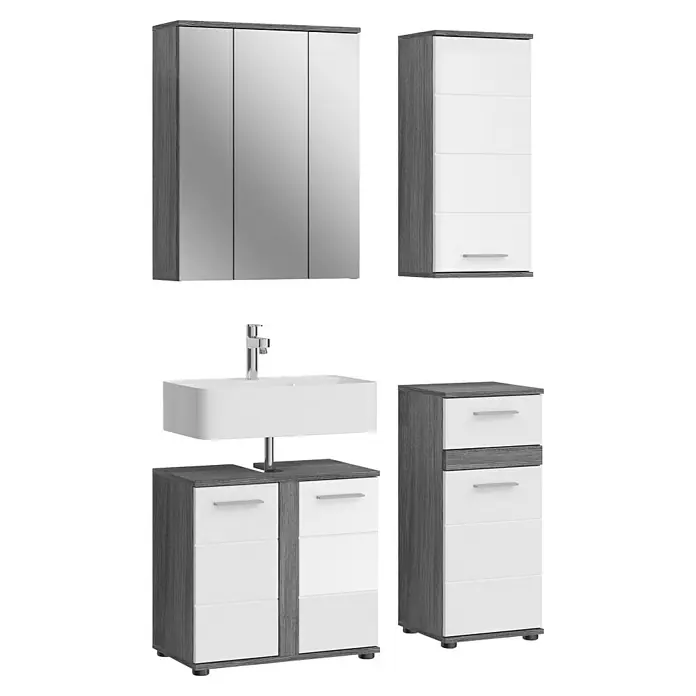 xonox.home Blake Badmöbel-Set Blake - 114 cm, Weiß/Rauchsilber, Glänzend, 4 -tlg. - Badezimmermöbelset mit Spiegelschrank, Waschbeckenunterschrank und Hochschrank in Grau und Weiß für ein modernes Badezimmerdesign.