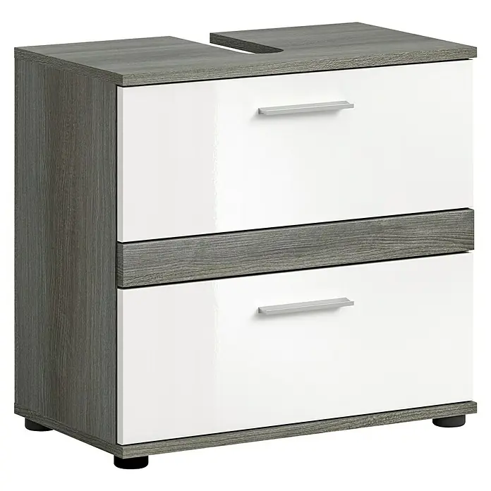 xonox.home Blake Waschtischunterschrank Blake - B x T x H: 60 x 34 x 57 cm, Weiß/Rauchsilber, Glänzend, 2 Schubladen - Moderner Waschtischunterschrank mit zwei Schubladen in Grau und Weiß für ein stilvolles Badezimmerambiente.