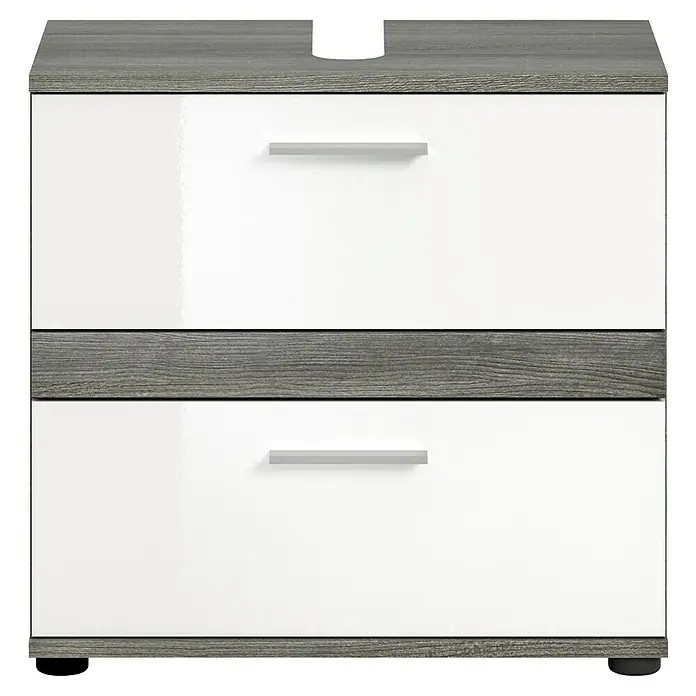 xonox.home Blake Waschtischunterschrank Blake - B x T x H: 60 x 34 x 57 cm, Weiß/Rauchsilber, Glänzend, 2 Schubladen - Modernes weißes Waschbecken mit zwei Schubladen und grauen Akzenten für ein stilvolles Badezimmer.