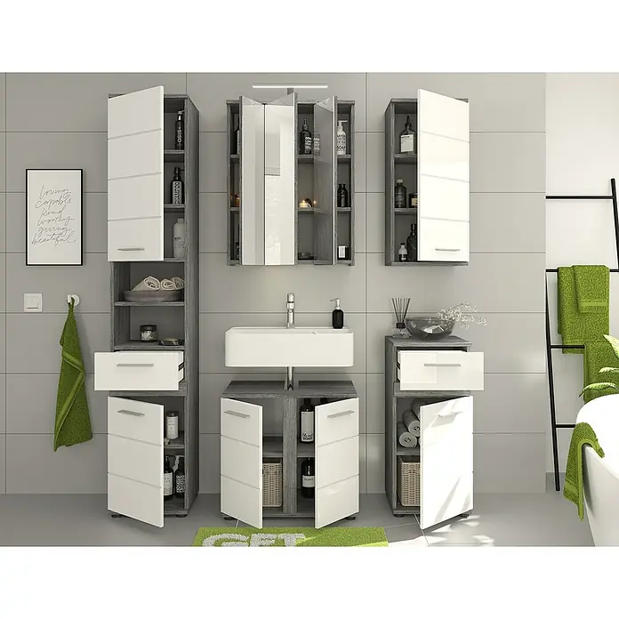 xonox.home Blake Badmöbel-Set Blake - 164 cm, Weiß/Rauchsilber, Glänzend, Ohne Beleuchtung, 5 -tlg. - Ein Badezimmer-Set mit Waschbecken, Schränken und Spiegel. Das Set bietet viel Stauraum und ein modernes Design in Grau und Weiß.