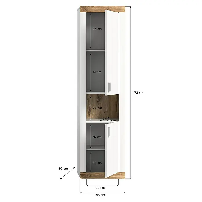 xonox.home Laredo Hängeschrank Laredo - B x T x H: 45 x 30 x 172 cm, Weiß/Eiche - Ein hochformatiger, weißer Eckschrank mit offenen und geschlossenen Fächern, versehen mit Maßangaben.