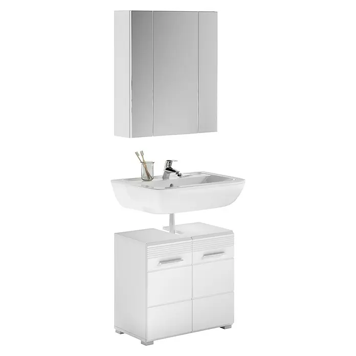xonox.home Linus Badmöbel-Set Linus - 60 cm, Weiß, Glänzend, Mit Beleuchtung, 2 -tlg. - Elegantes Badezimmerset mit Waschbeckenunterschrank und Spiegelschrank in Weiß, das Design und Funktionalität vereint.
