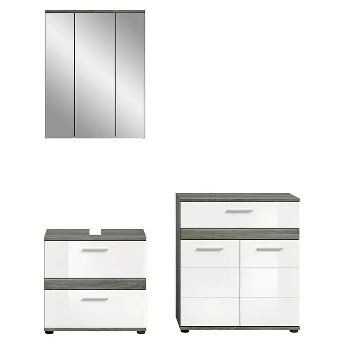 xonox.home Blake Badmöbel-Set Blake - 146 cm, Weiß/Rauchsilber, Glänzend - Ein modernes Badezimmerset mit Spiegelschrank, Waschbeckenunterschrank und einem Kommode in Weiß und Grau.