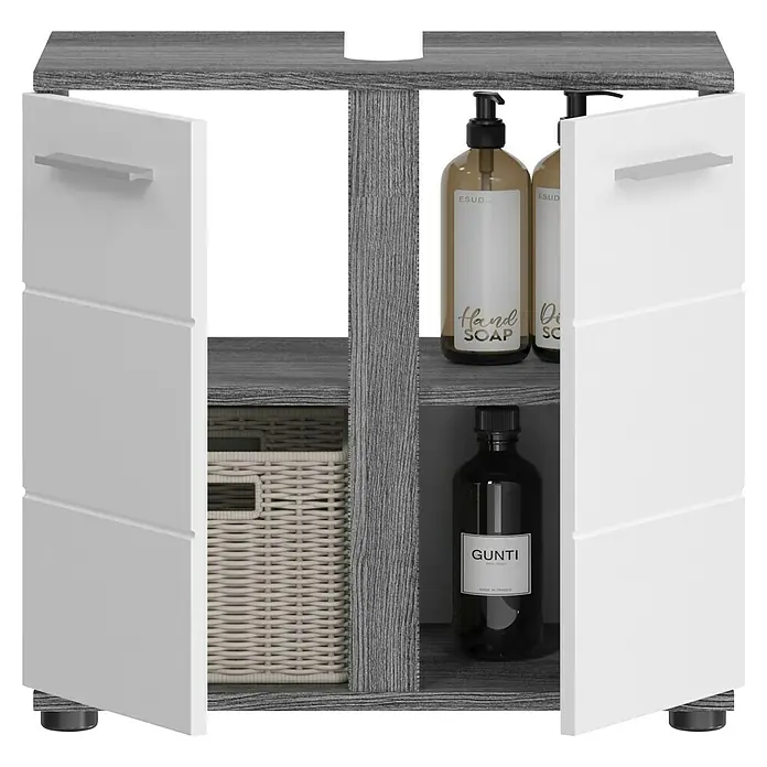 xonox.home Blake Waschtischunterschrank Blake - B x T x H: 60 x 34 x 57 cm, Weiß/Rauchsilber, Glänzend, 2 Türen - Badezimmerschrank mit offenen Türen, der Körbe und Hygieneartikel wie Handseife zur Aufbewahrung zeigt.