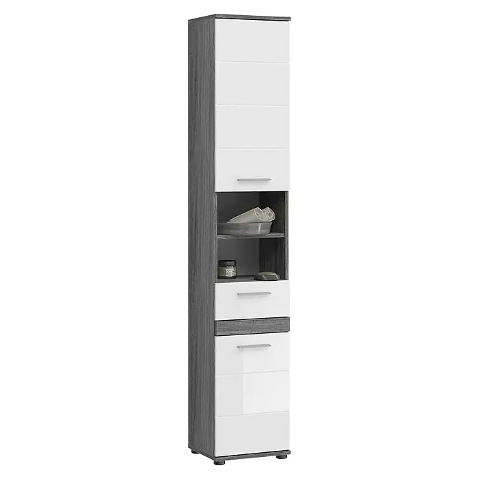 xonox.home Blake Hochschrank Blake - 35 x 31 x 191 cm, Weiß/Rauchsilber - Hohlschrank mit grauer Holzoptik an den Seiten, weißen Schranktüren und offenen Regalen zur Aufbewahrung von Badutensilien.