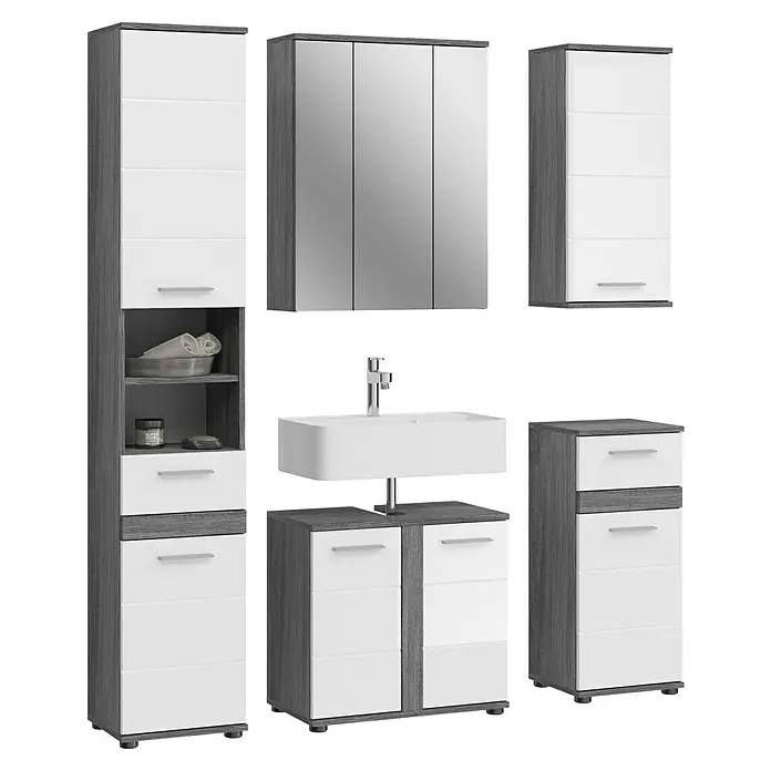 xonox.home Blake Badmöbel-Set Blake - 164 cm, Weiß/Rauchsilber, Glänzend, Ohne Beleuchtung, 5 -tlg. - Abbildung eines Badezimmermöbelsets in Grau und Weiß, bestehend aus einem Waschbeckenunterschrank, Spiegelschrank und Hochschränken.