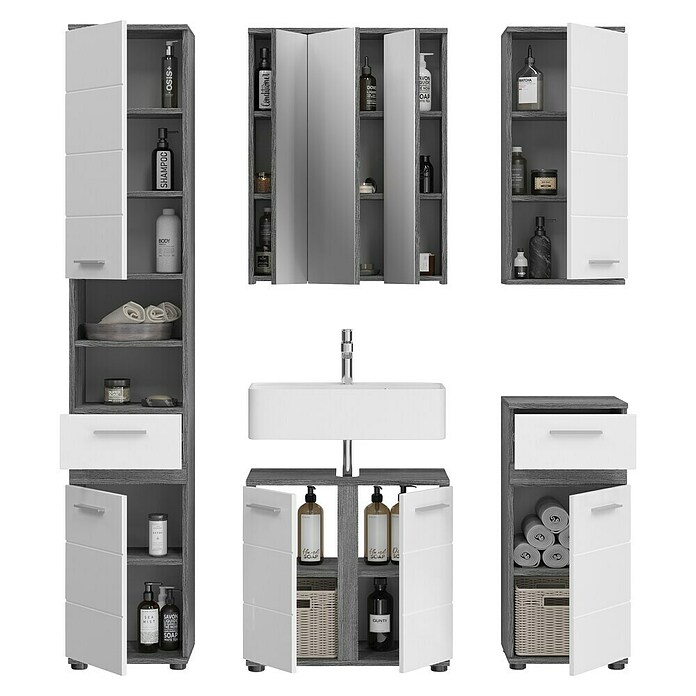 xonox.home Blake Badmöbel-Set Blake (164 cm, Weiß/Rauchsilber, Glänzend, Ohne Beleuchtung, 5 -tlg.) | BAUHAUS