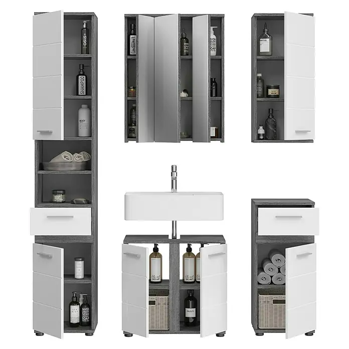 xonox.home Blake Badmöbel-Set Blake - 164 cm, Weiß/Rauchsilber, Glänzend, Ohne Beleuchtung, 5 -tlg. - Badezimmer-Set mit Waschtisch, Spiegelschrank und Hochschränken in Grau und Weiß für ein modernes Ambiente.