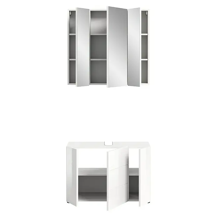 xonox.home Vira Badmöbel-Set Vira - 82 cm, Weiß, Glänzend, Ohne Beleuchtung - Das Bild zeigt einen weißen Badezimmerschrank mit offenen Türen, der viel Stauraum bietet und ein modernes Design aufweist.