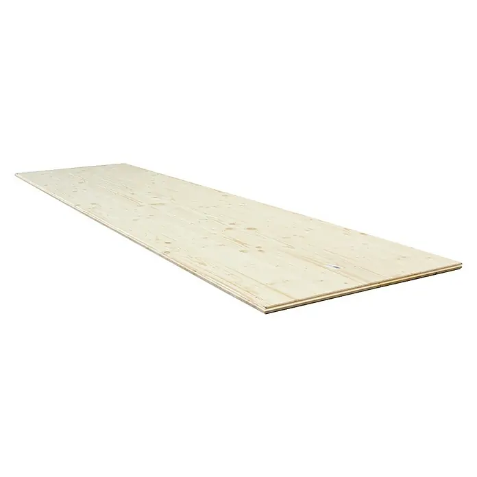 elka 3-Schichtplatte Vita - Fichte, 2.500 x 660 x 19 mm - Nahaufnahme einer unbehandelten, hellen Fichtenholzplatte mit deutlicher Maserung, ideal für DIY-Projekte und Möbelbau.