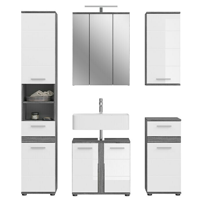 xonox.home Blake Badmöbel-Set Blake (164 cm, Weiß/Rauchsilber, Glänzend, Mit Beleuchtung, 5 -tlg.) | BAUHAUS