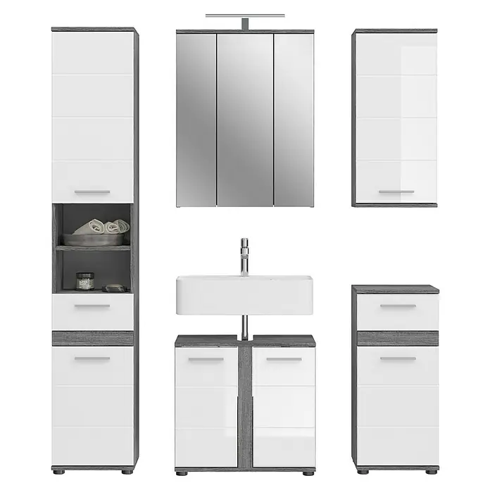 xonox.home Blake Badmöbel-Set Blake - 164 cm, Weiß/Rauchsilber, Glänzend, Mit Beleuchtung, 5 -tlg. - Modernes Badezimmerset mit Spiegelschrank, Waschtisch, Waschbecken und Schränken in Grau und Weiß.