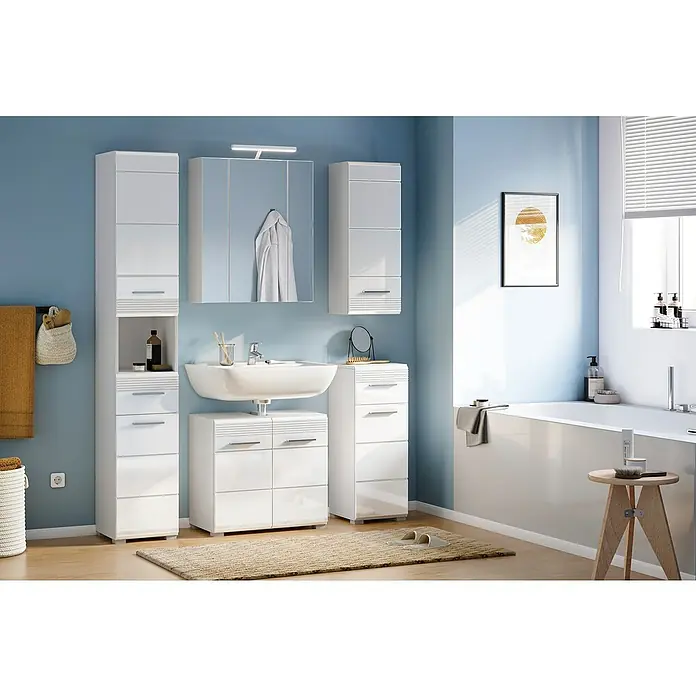 xonox.home Linus Badmöbel-Set Linus - 105 cm, Weiß, Glänzend, 4 -tlg. - Modernes Badezimmer-Interieur mit weißen Möbeln, darunter Waschtisch, Spiegelschrank und Hochschränke, für stilvolle Badgestaltung.