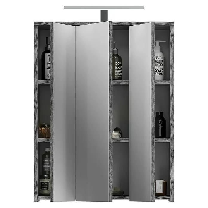 xonox.home Blake LED-Spiegelschrank Blake - B x H: 60 x 77 cm, Mit Beleuchtung, Holz, Rauchsilber - Spiegelschrank mit Holzrahmen, der eine Vielzahl von Badezimmerartikeln aufnimmt und für Ordnung sorgt.