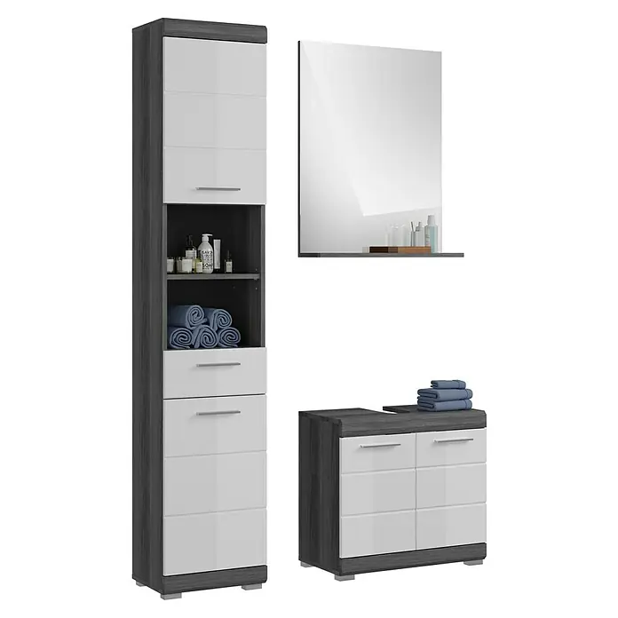 xonox.home Scout Badmöbel-Set Scout - 112 cm, Weiß/Rauchsilber, Glänzend, Mit Ablagespiegel, 2 Türen, 3 -tlg. - Ein modernes Badezimmerset mit Spiegelschrank, Hochschrank und Kommode in Grau und Weiß für ein stilvolles Ambiente.