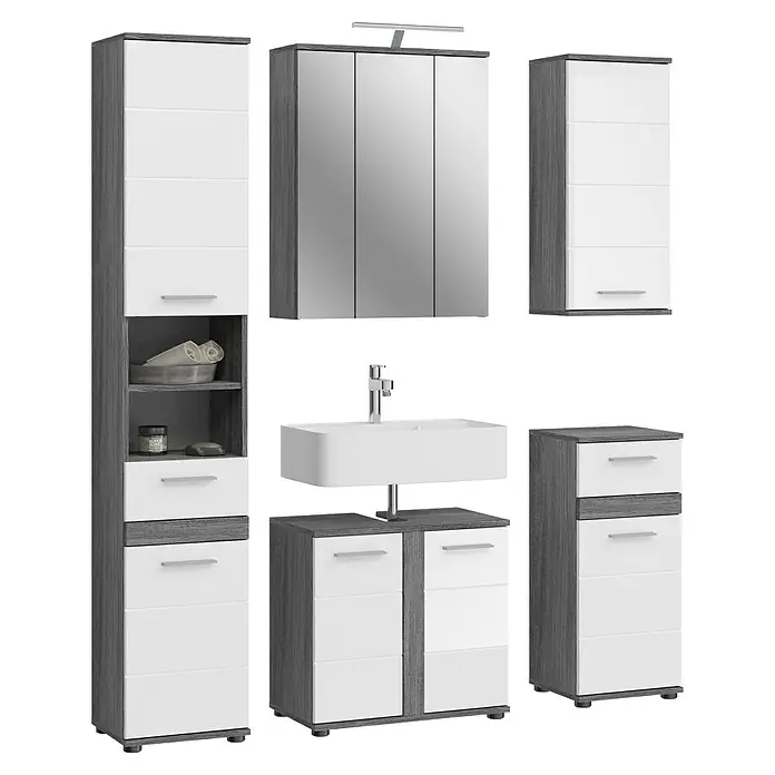 xonox.home Blake Badmöbel-Set Blake - 164 cm, Weiß/Rauchsilber, Glänzend, Mit Beleuchtung, 5 -tlg. - Elegantes Badezimmermöbel-Set in Grau und Weiß mit Spiegelschrank, Waschbeckenunterschrank und Hochschränken für ein modernes Badambiente.