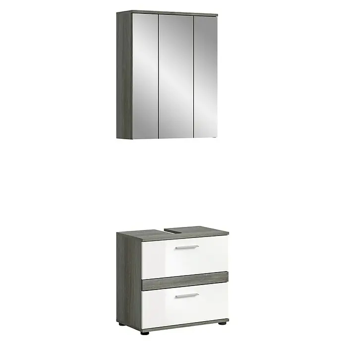 xonox.home Blake Badmöbel-Set Blake - 60 cm, Weiß/Rauchsilber, Glänzend, Ohne Beleuchtung, 2 -tlg., 2 Schubladen - Abbildung eines Badezimmerschranks mit Spiegeltüren und einem Unterschrank mit Schubladen in Grau und Weiß.