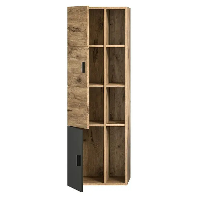 xonox.home Grado Hochschrank Grado - B x T x H: 48 x 35 x 144 cm, Nox Oak - Dieser hochformatige Holzschrank bietet viel Stauraum. Er verfügt über offene Regale und Fächer mit Türen für eine organisierte Aufbewahrung.
