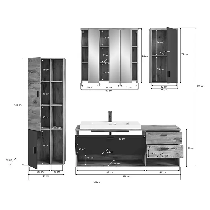 xonox.home Grado Badmöbel-Set Grado - 203 cm, Nox Oak, Matt - Eine detaillierte Ansicht eines Badezimmermöbel-Sets mit Waschtischunterschrank, Spiegelschrank und Seitenschrank mit Maßangaben.