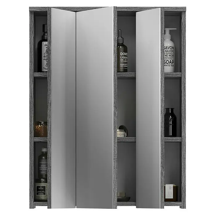 xonox.home Blake Spiegelschrank Blake - B x H: 60 x 77 cm, Ohne Beleuchtung, Holz, Rauchsilber - Ein Badezimmerschrank aus Holz mit Spiegeln, der verschiedene Pflegeprodukte wie Seife, Lotionen und Kerzen enthält.