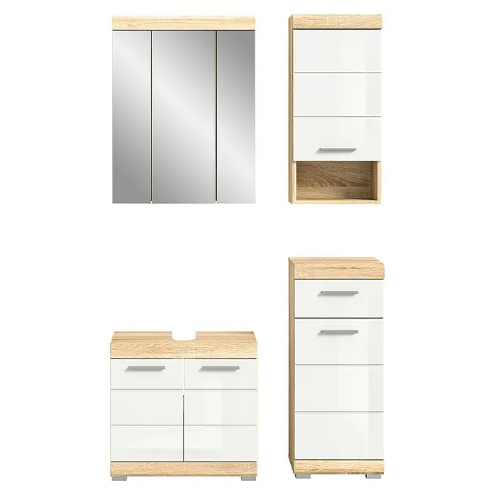 xonox.home Lambada Badmöbel-Set Lambada - 112 cm, Weiß/Sonoma Eiche hell, Glänzend, 4 -tlg. - Modernes Badezimmer-Set in Holz- und Weißoptik mit Spiegelschrank, Hängeschrank, Waschbeckenunterschrank und Schubladenschrank.