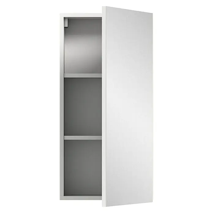 xonox.home Vira Spiegelschrank Vira - B x H: 38 x 77 cm, Ohne Beleuchtung, Holz, Weiß - Weißer Badezimmerschrank mit zwei Regalen und einer teilweise geöffneten Tür, ideal zur Aufbewahrung von Badutensilien und zur Organisation des Raums.
