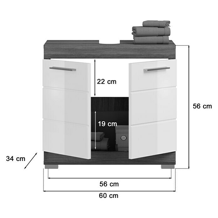 xonox.home Scout Waschtischunterschrank Scout (B x T x H: 60 x 34 x 56 cm, Weiß/Rauchsilber, Glänzend, 2 Türen) | BAUHAUS