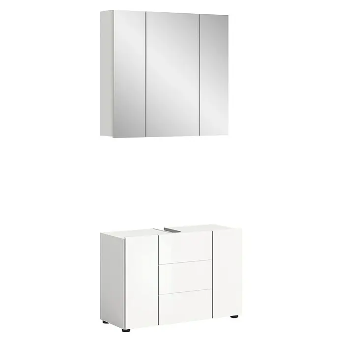 xonox.home Vira Badmöbel-Set Vira - 82 cm, Weiß, Glänzend, Ohne Beleuchtung - Elegantes Badezimmerset mit einem Spiegelschrank und einem passenden Unterschrank mit Schubladen. Das schlichte, weiße Design passt perfekt in jedes moderne Bad.