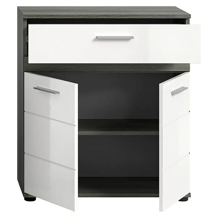 xonox.home Blake Midischrank Blake - B x T x H: 71 x 31 x 79 cm, Weiß/Rauchsilber - Ein offener, moderner Nachttisch mit Schublade und zwei Fächern. Das Möbelstück ist in Grau und Weiß gehalten.