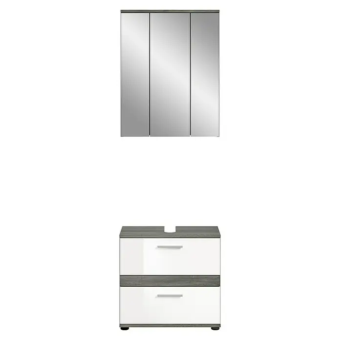 xonox.home Blake Badmöbel-Set Blake - 60 cm, Weiß/Rauchsilber, Glänzend, Ohne Beleuchtung, 2 -tlg., 2 Schubladen - Das Bild zeigt einen modernen Badezimmerschrank mit Spiegel und zwei Schubladen in Weiß mit grauen Akzenten. Das Möbelstück ist stilvoll und funktional.