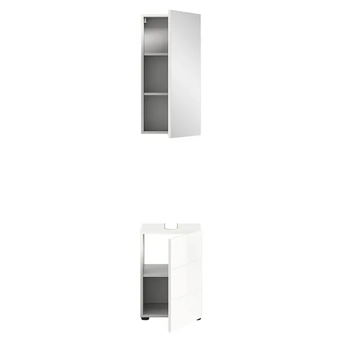 xonox.home Vira Badmöbel-Set Vira - 38 cm, Weiß, Glänzend, Mit Beleuchtung - Ein weißer Badezimmerschrank mit geöffneter Tür, der Innenraum und die Regale zeigt, im minimalistischen Design.
