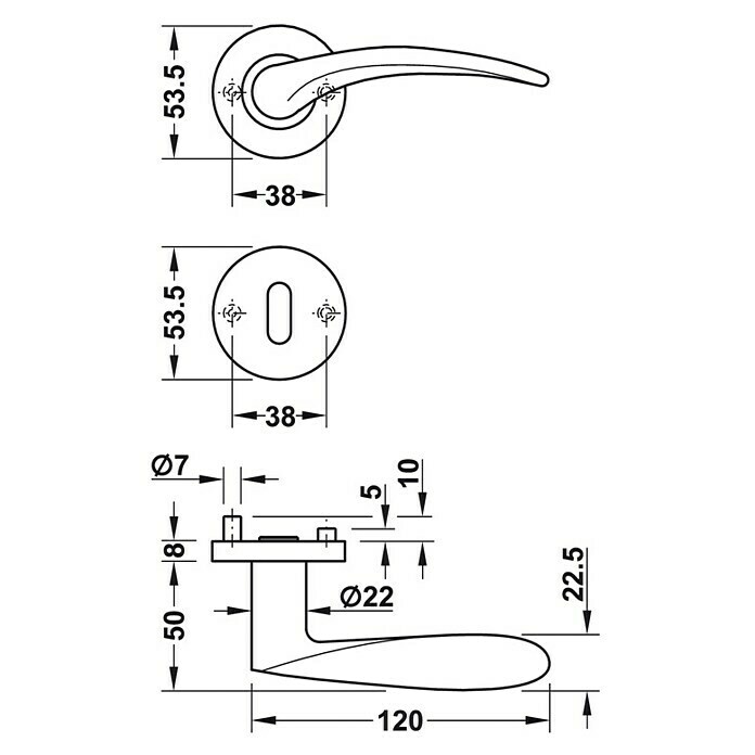 Startec WC-Türgarnitur LDH 2169 (Türstärke: 38 - 42 mm, Schlitzkopf/Olive SK/OL, Edelstahl, Form Drücker: Gebogen)