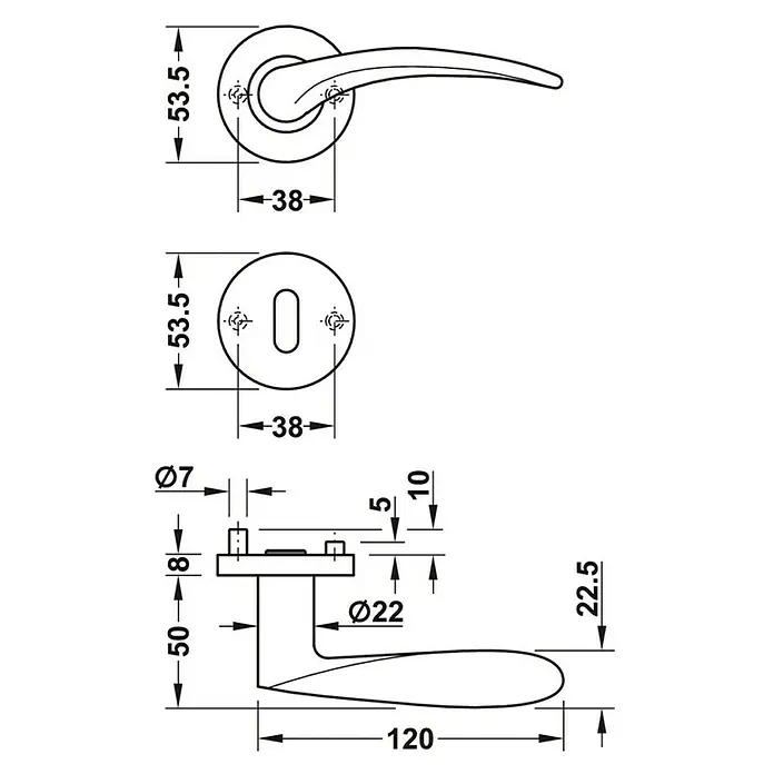 Startec WC-Drückergarnitur LDH 2169 - Schlitzkopf/Olive, Edelstahl - Technische Zeichnung eines Türgriffs mit Maßangaben.
