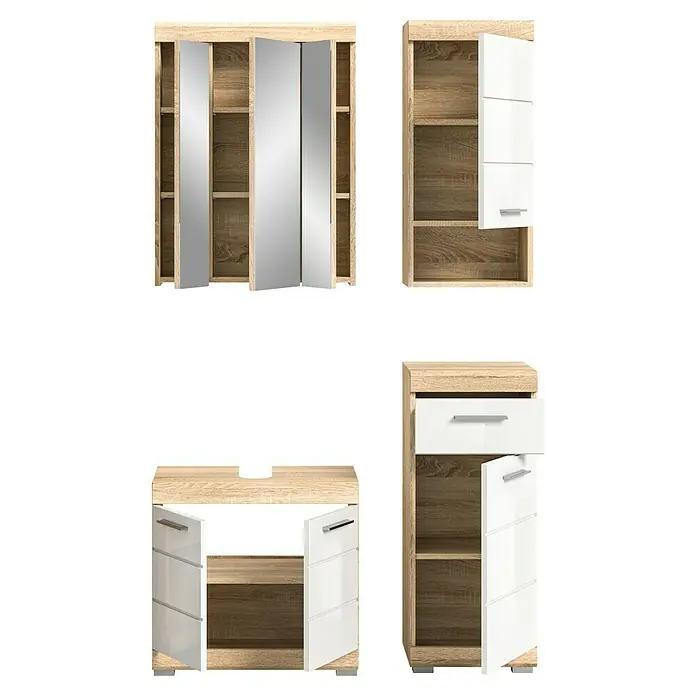 xonox.home Lambada Badmöbel-Set Lambada - 112 cm, Weiß/Sonoma Eiche hell, Glänzend, 4 -tlg. - Einrichtungsidee mit einem Spiegelschrank, einem Waschbeckenunterschrank und einem Hochschrank in Holzoptik und weißen Fronten.