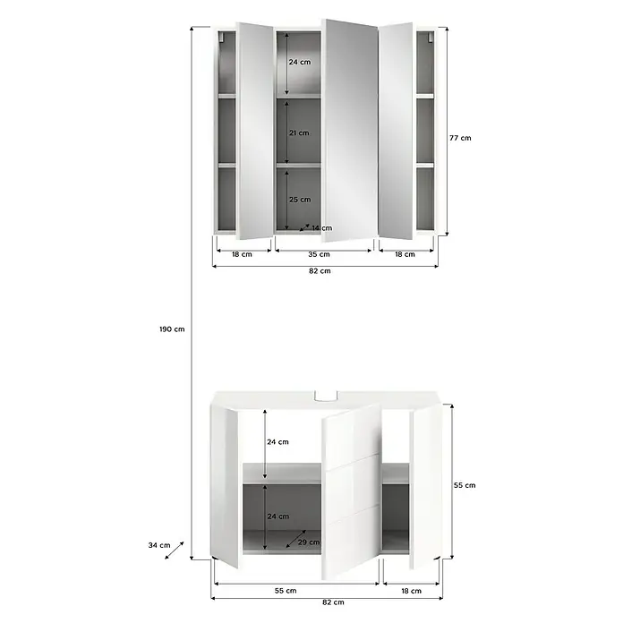 xonox.home Vira Badmöbel-Set Vira - 82 cm, Weiß, Glänzend, Ohne Beleuchtung - Produktansicht des Waschtischunterschranks mit Spiegelschrank in Weiß, Maße und Details sind dargestellt.