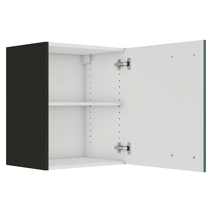 Optifit Verona405 Hängeschrank - 34,6 x 50 x 57,6 cm, Steingrün - Ein offener schwarzer und weißer Wandschrank mit verstellbaren Einlegeböden und Scharnieren zur individuellen Anpassung der Aufbewahrung.