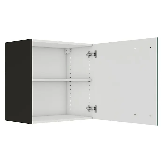 Optifit Verona405 Hängeschrank - 34,6 x 60 x 57,6 cm, Steingrün - Schrankaufnahme mit Einlegeboden und Tür mit Scharnieren. Der Schrank ist in Anthrazit und Weiß gehalten.