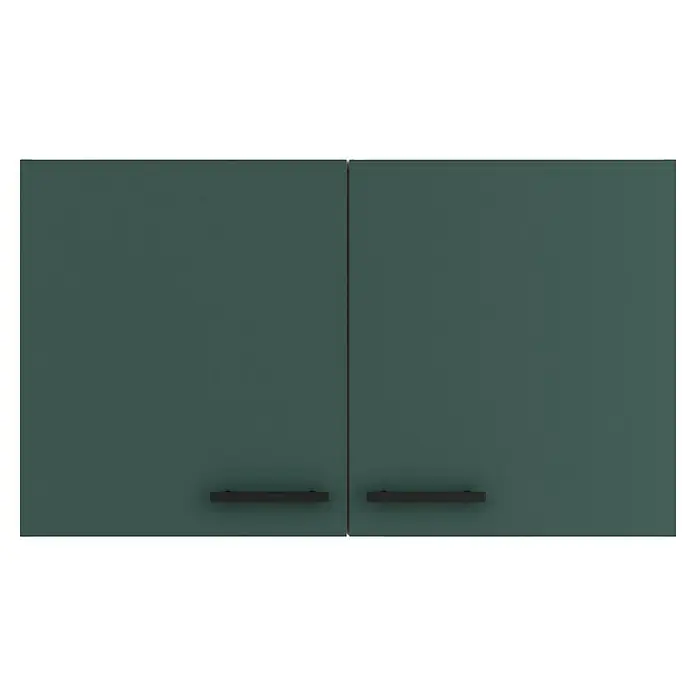 Optifit Verona405 Hängeschrank - 34,6 x 100 x 57,6 cm, Steingrün - Aufnahme von grünen Küchenschränken mit schwarzen Griffen. Eine elegante Stauraumlösung für moderne Küchen.