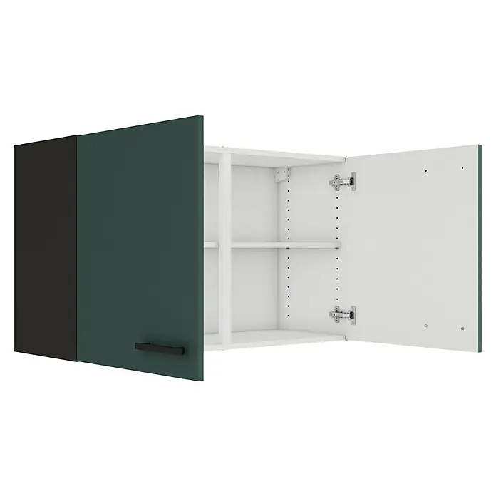 Optifit Verona405 Hängeschrank - 34,6 x 100 x 57,6 cm, Steingrün - Abbildung eines offenen Küchenschranks mit weißen Regalen und Türen in Grau und Grün, der Stauraum und Organisation in der Küche bietet.