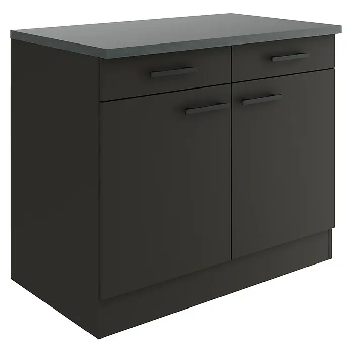 Optifit Madrid420 Küchen-Unterschrank - 60 x 100 x 84,8 cm, Anthrazit Matt, Mit 2 Schubkästen und 2 Türen - Grauer Küchenschrank mit zwei Schubladen und zwei Türen mit dunklen Griffen. Elegantes Design für moderne Küchen.