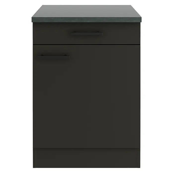 Optifit Madrid420 Küchen-Unterschrank - 60 x 60 x 84,8 cm, Anthrazit Matt, Mit 1 Schubkasten und 1 Tür - Dunkelgrauer Küchenschrank mit zwei Schubladen und einer Arbeitsplatte. Das schlichte Design passt gut in moderne Küchen.