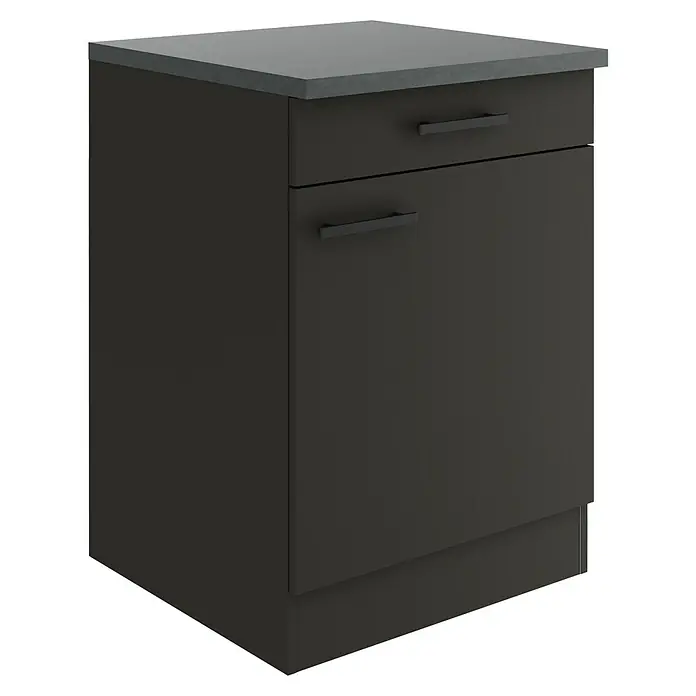 Optifit Madrid420 Küchen-Unterschrank - 60 x 60 x 84,8 cm, Anthrazit Matt, Mit 1 Schubkasten und 1 Tür - Bild eines dunklen Unterschranks mit Schublade und grauem Oberteil, ideal für moderne Küchen.