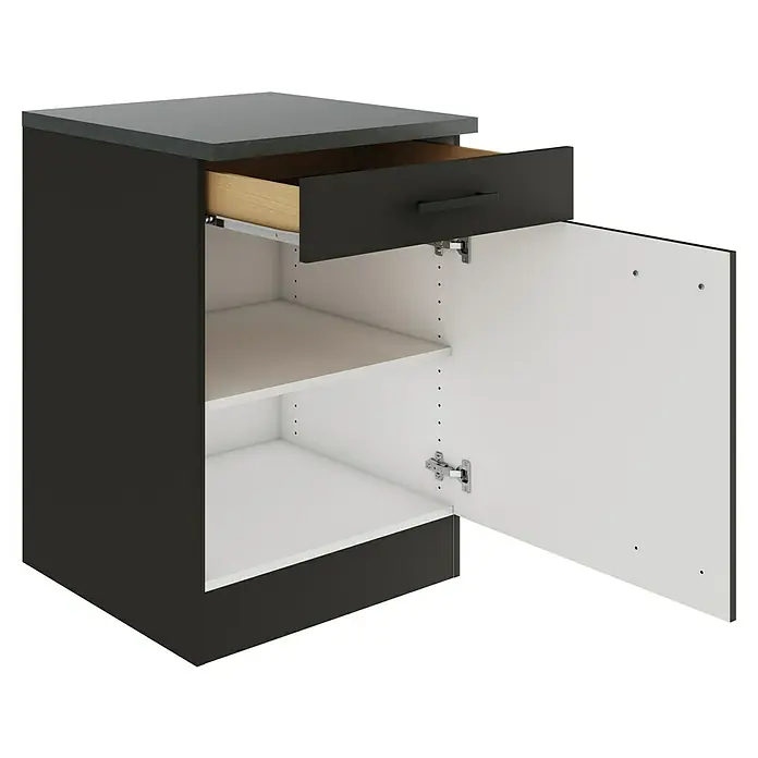 Optifit Madrid420 Küchen-Unterschrank - 60 x 60 x 84,8 cm, Anthrazit Matt, Mit 1 Schubkasten und 1 Tür - Abgebildeter Unterschrank mit Schublade und Tür. Der Schrank ist in Schwarz-Weiß gehalten und bietet Stauraum.
