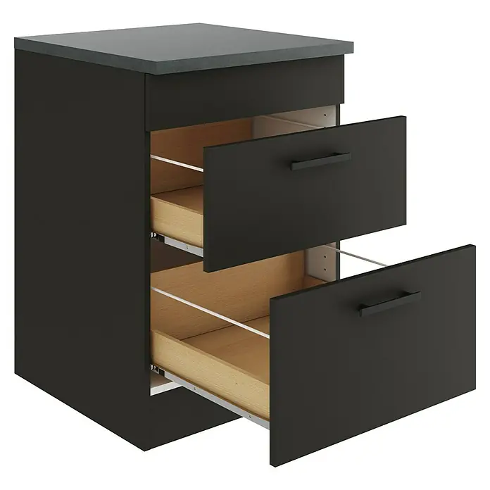 Optifit Madrid420 Unterschrank - 60 x 60 x 84,8 cm, Anthrazit Matt, Mit 1 Blende und 2 Auszügen - Schwarzer Nachttisch mit zwei Schubladen, die teilweise geöffnet sind. Das Möbelstück hat eine graue Oberseite.