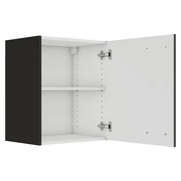 Optifit Madrid420 Hängeschrank - 34,6 x 50 x 57,6 cm, Anthrazit Matt - Ein offener Hängeschrank mit einer schwarzen Außenseite und weißen Innenseiten mit Regalen und silbernen Scharnieren.