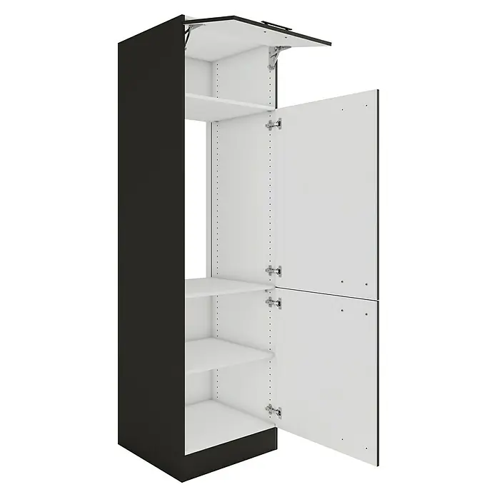 Optifit Madrid420 Geräteumbauschrank - 60 x 60 x 206,8 cm, Anthrazit Matt, Für Kühlschrank Typ 1, Mit Klappe - Darstellung eines schwarzen Küchenschranks mit weißen Regalböden und geöffneten Türen, der Einblick in das Innenleben und Design ermöglicht.