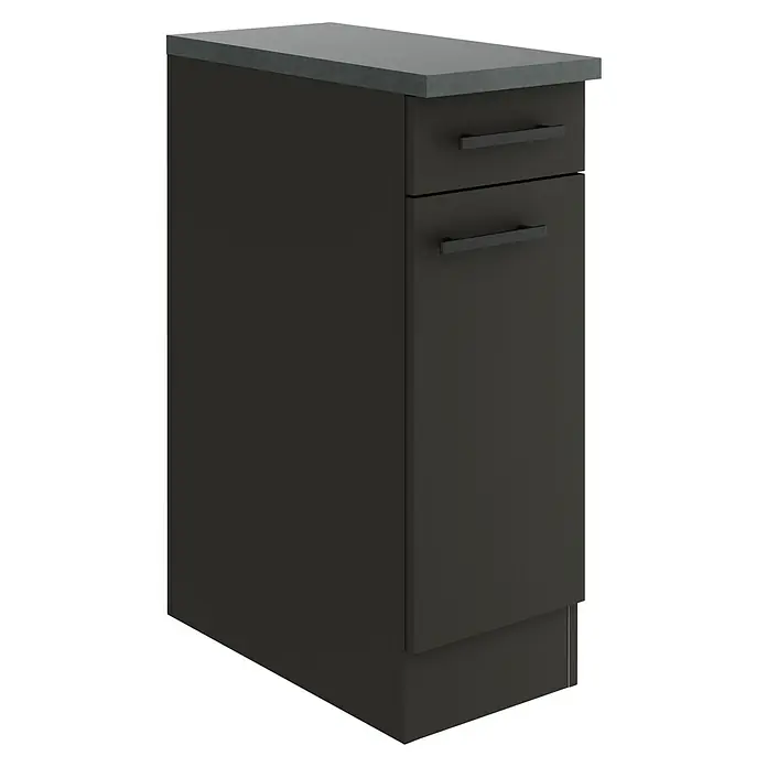Optifit Madrid420 Küchen-Unterschrank - 60 x 30 x 84,8 cm, Anthrazit Matt, Mit 1 Schubkasten und 1 Tür - Abbildung eines dunklen Waschtischunterschranks mit grauer Arbeitsplatte und zwei Schubladen mit Griffen.