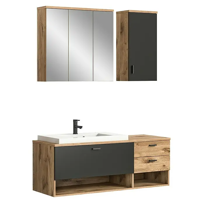xonox.home Grado Badmöbel-Set Grado - 140 cm, Nox Oak, Matt, 4 -tlg. - Badezimmermöbel-Set mit Waschtisch, Waschbecken, Spiegel und Schrank in Holz- und Grautönen. Modernes Design für jedes Badezimmer.