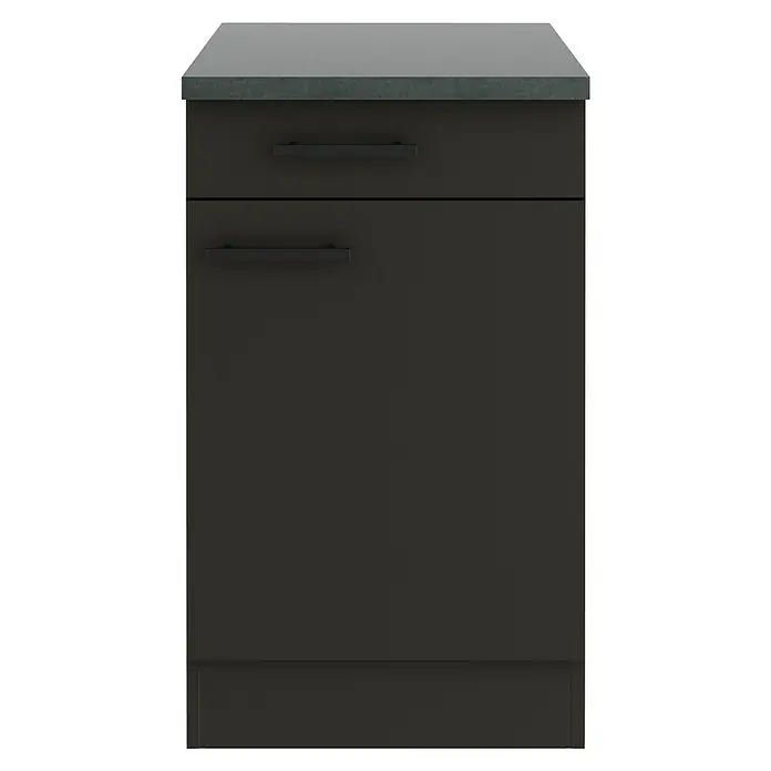 Optifit Madrid420 Küchen-Unterschrank - 60 x 50 x 84,8 cm, Anthrazit Matt, Mit 1 Schubkasten und 1 Tür - Schwarzer Küchenschrank mit Schubladen und grauer Arbeitsplatte, ideal für moderne Küchen. Praktisches Design für mehr Stauraum.